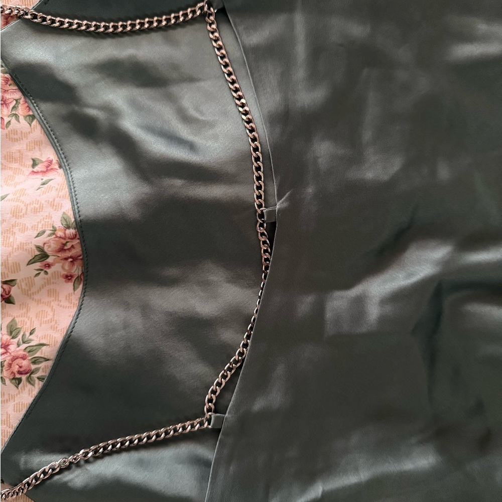 Green Satin Top with Chain Detail